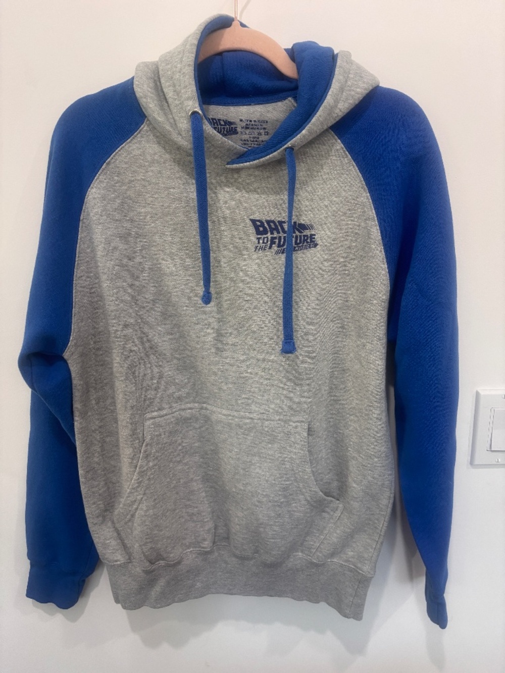 Back to the Future The Musical Hoodie Medium Gray Blue Raglan Pullover Logo